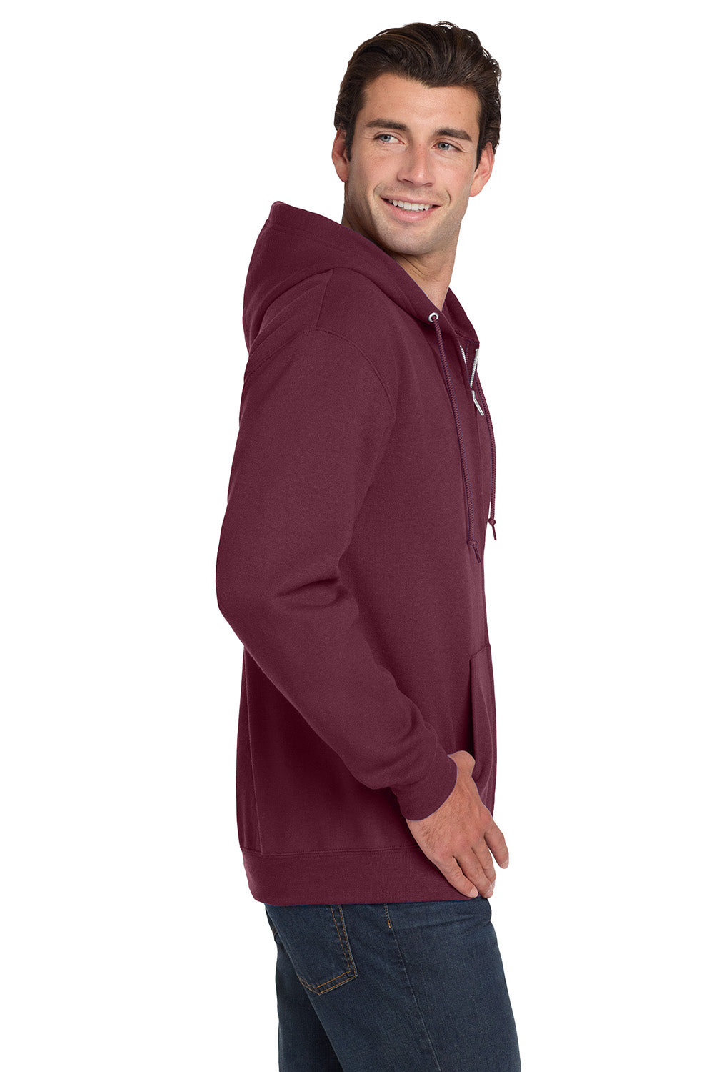 Jerzees 993M/993/993MR Mens NuBlend Pill Resistant Fleece Full Zip Hooded Sweatshirt Hoodie w/ Pockets Maroon Model Side