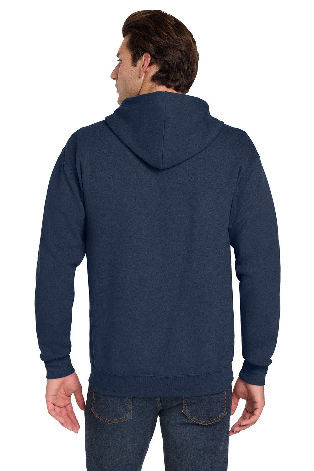 Jerzees 993M/993/993MR Mens NuBlend Pill Resistant Fleece Full Zip Hooded Sweatshirt Hoodie w/ Pockets Navy Blue Model Back