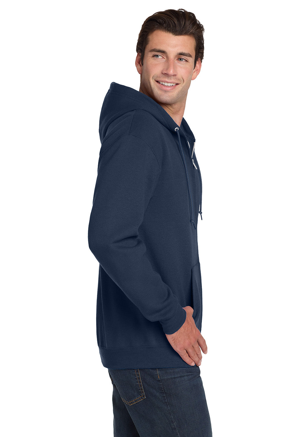 Jerzees 993M/993/993MR Mens NuBlend Pill Resistant Fleece Full Zip Hooded Sweatshirt Hoodie w/ Pockets Navy Blue Model Side