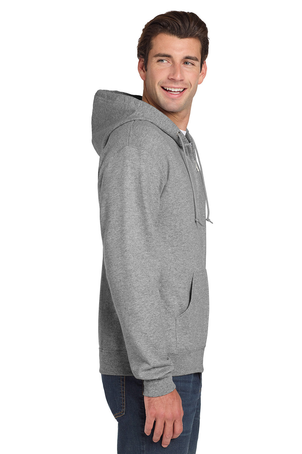 Jerzees 993M/993/993MR Mens NuBlend Pill Resistant Fleece Full Zip Hooded Sweatshirt Hoodie w/ Pockets Oxford Grey Model Side