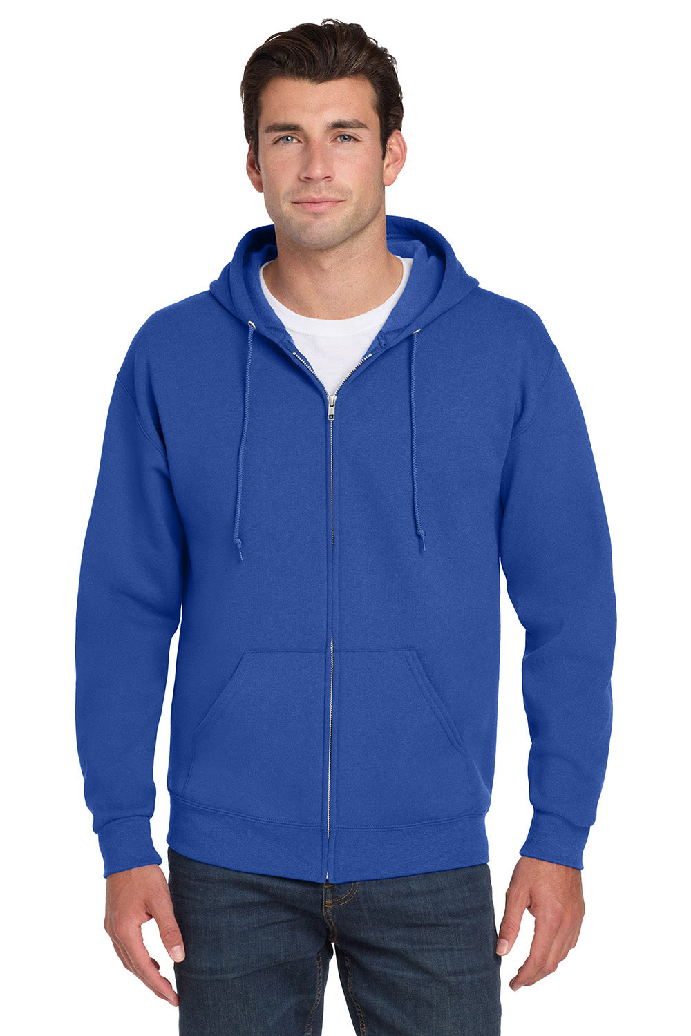 Jerzees 993M/993/993MR Mens NuBlend Pill Resistant Fleece Full Zip Hooded Sweatshirt Hoodie w/ Pockets Royal Blue Model Front