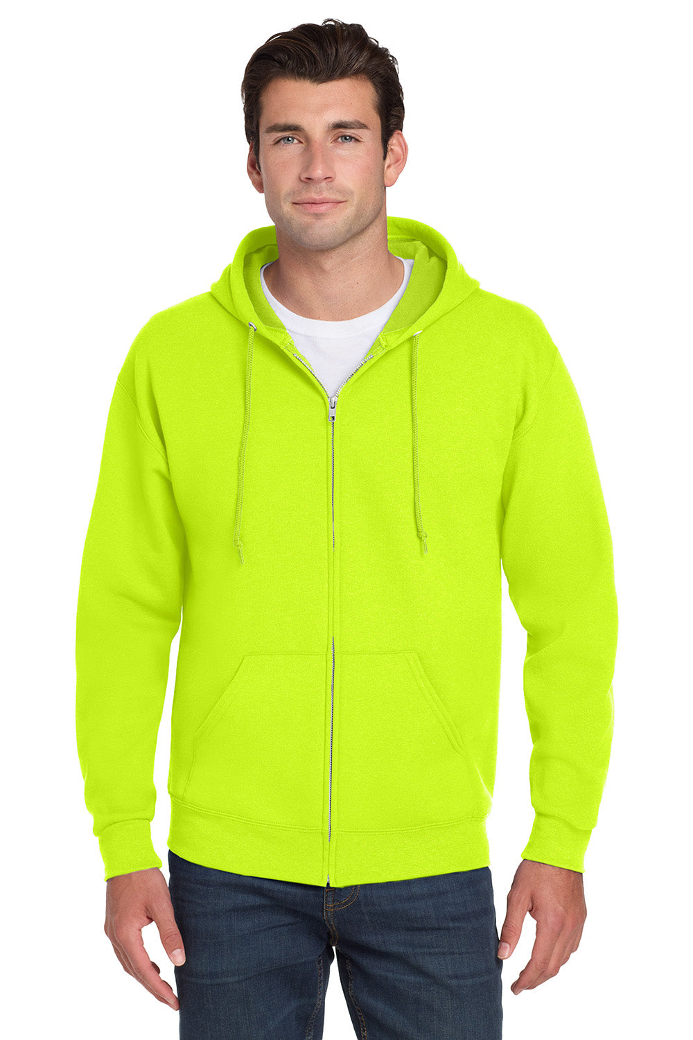 Jerzees 993M/993/993MR Mens NuBlend Pill Resistant Fleece Full Zip Hooded Sweatshirt Hoodie w/ Pockets Safety Green Model Front