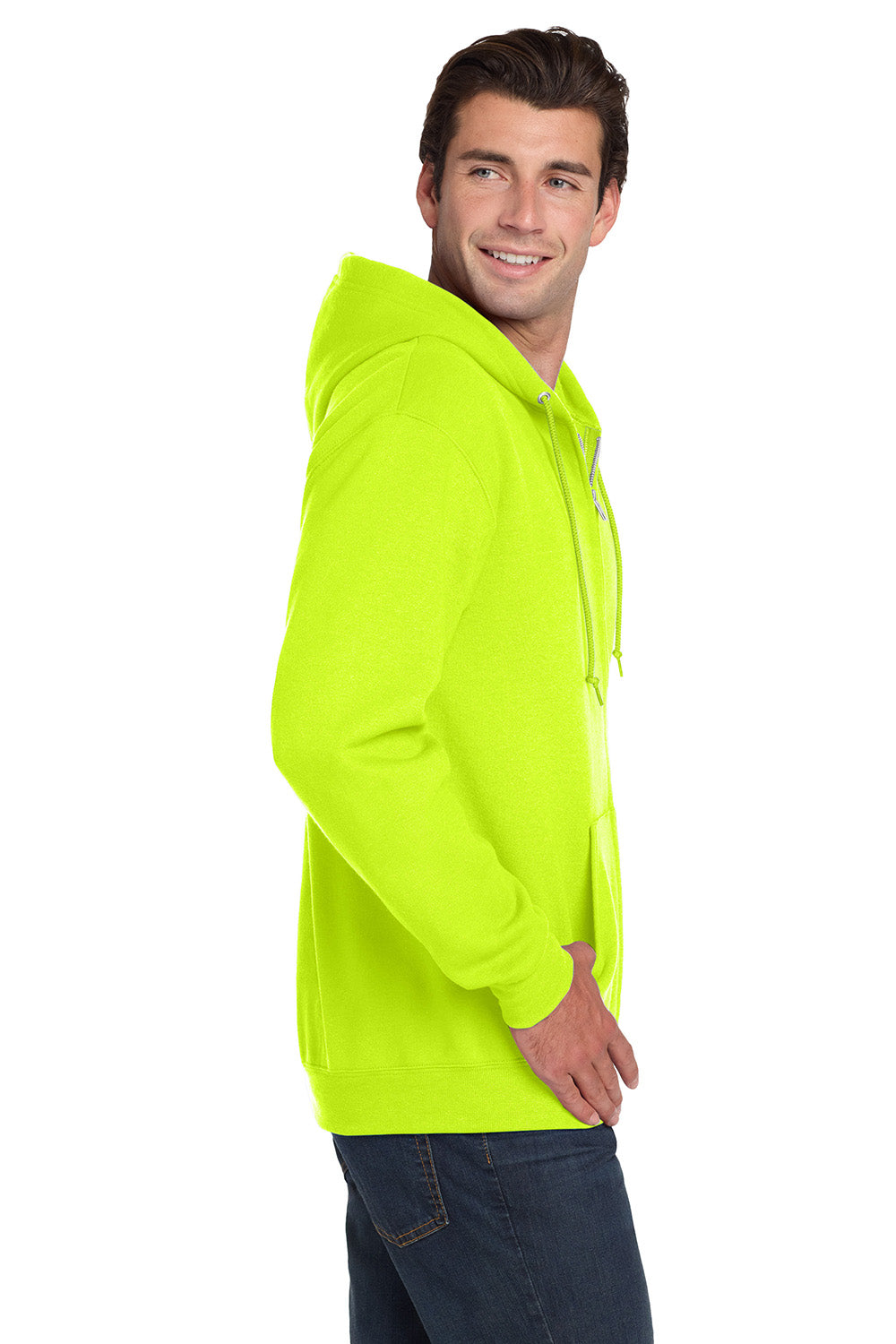 Jerzees 993M/993/993MR Mens NuBlend Pill Resistant Fleece Full Zip Hooded Sweatshirt Hoodie w/ Pockets Safety Green Model Side