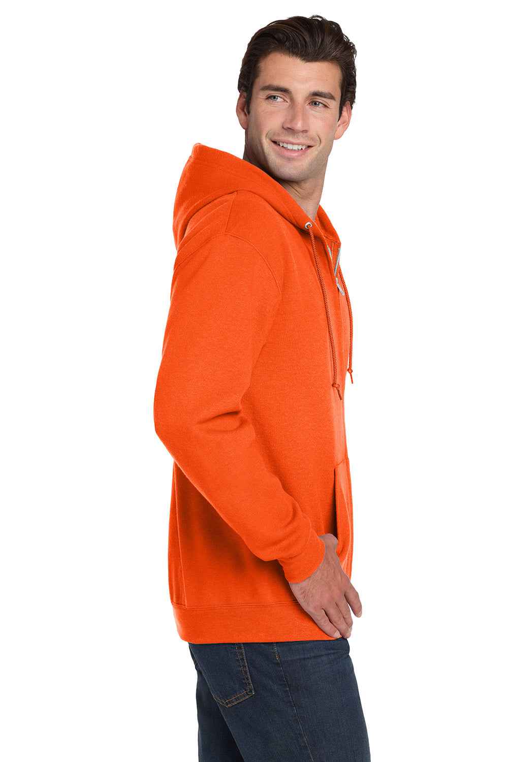 Jerzees 993M/993/993MR Mens NuBlend Pill Resistant Fleece Full Zip Hooded Sweatshirt Hoodie w/ Pockets Safety Orange Model Side