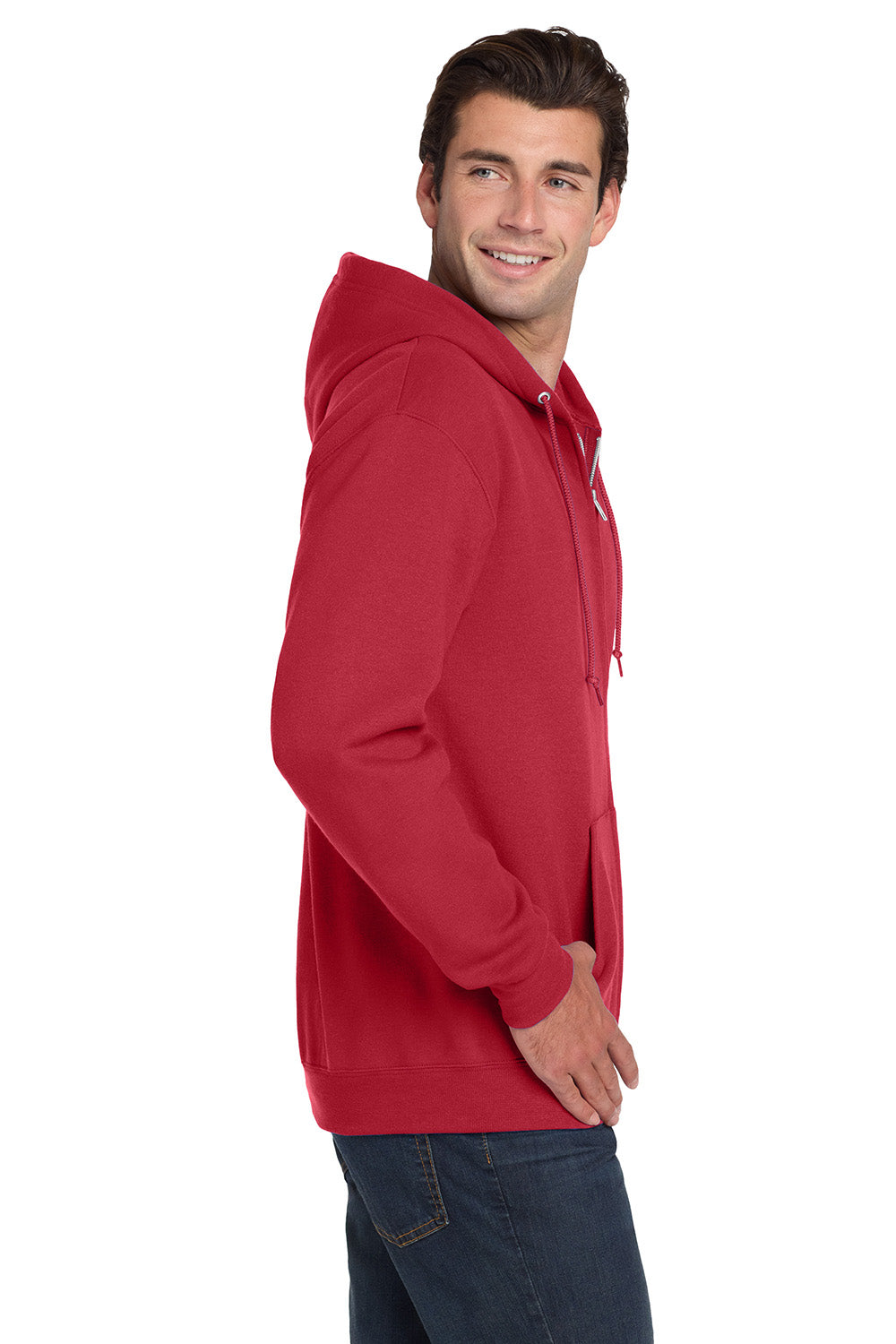 Jerzees 993M/993/993MR Mens NuBlend Pill Resistant Fleece Full Zip Hooded Sweatshirt Hoodie w/ Pockets True Red Model Side