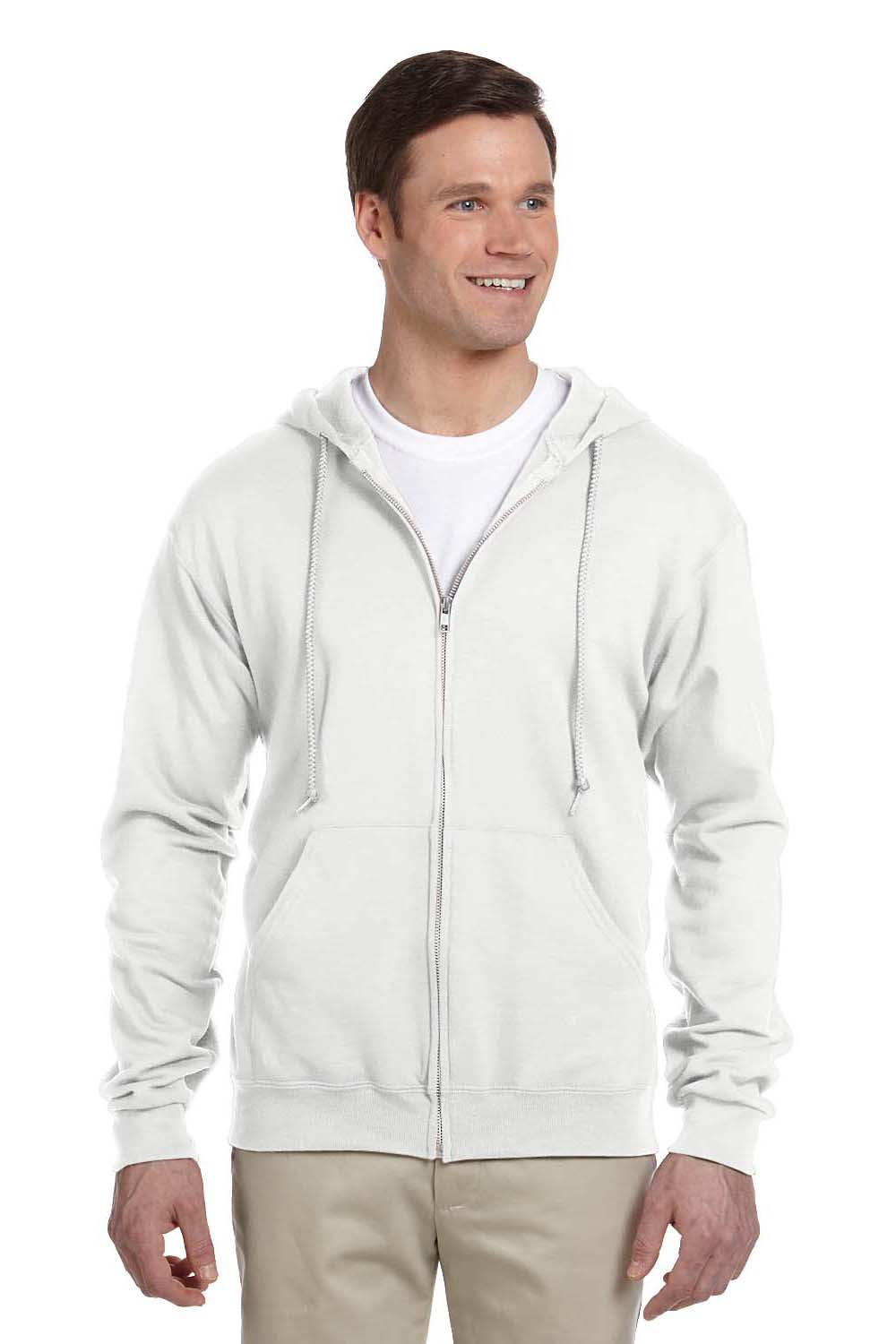 Jerzees 993M/993/993MR Mens NuBlend Pill Resistant Fleece Full Zip Hooded Sweatshirt Hoodie w/ Pockets White Model Front