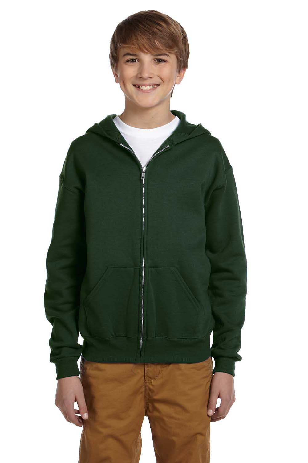 Jerzees 993B/993BR Youth NuBlend Pill Resistant Fleece Full Zip Hooded Sweatshirt Hoodie w/ Pockets Forest Green Model Front