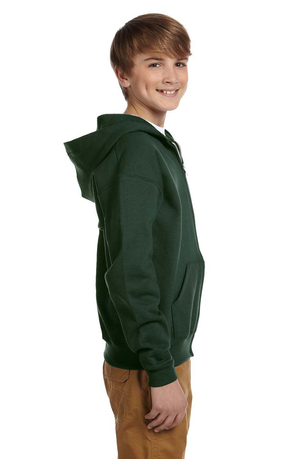 Jerzees 993B/993BR Youth NuBlend Pill Resistant Fleece Full Zip Hooded Sweatshirt Hoodie w/ Pockets Forest Green Model Side