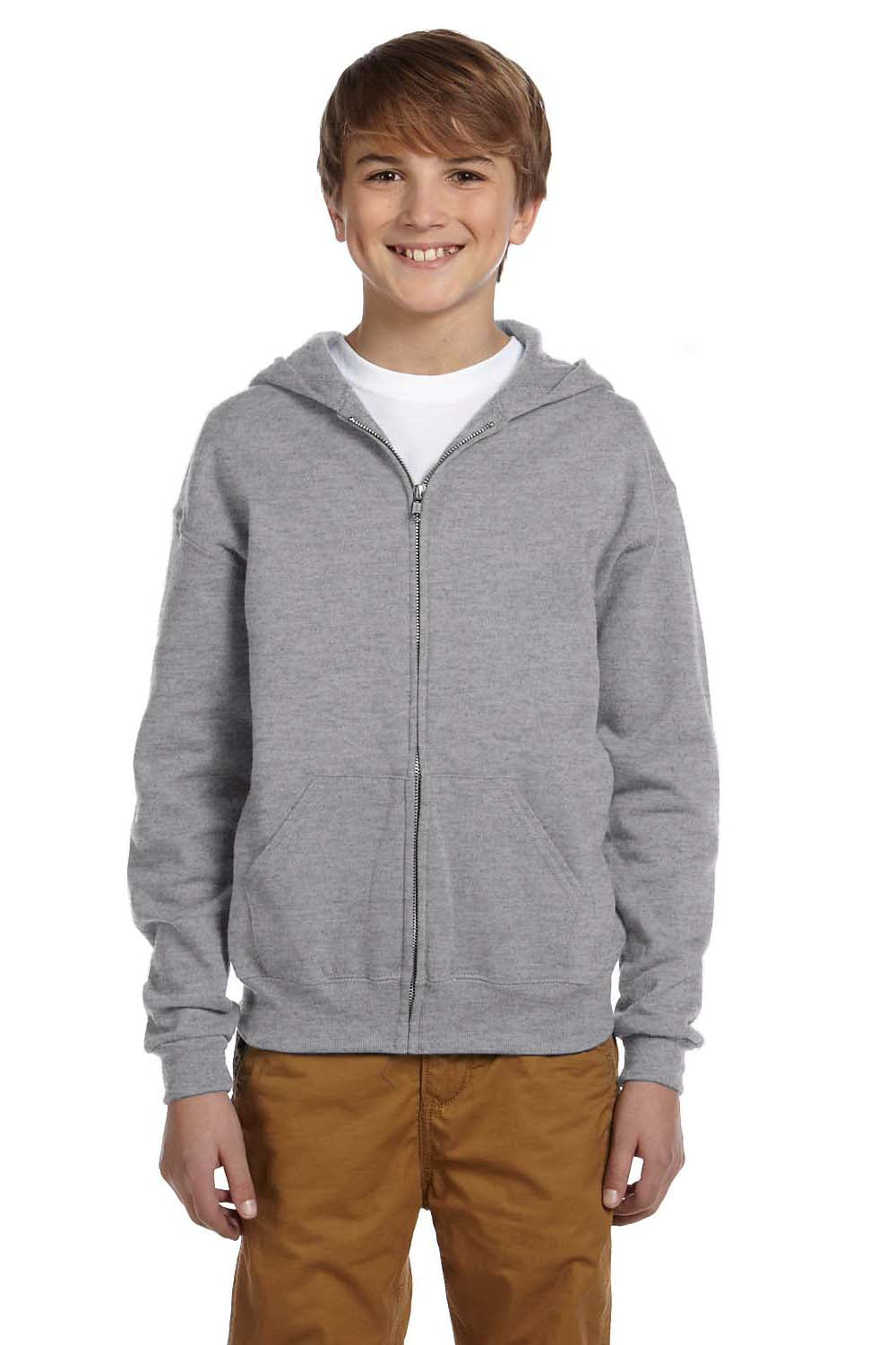 Jerzees 993B/993BR Youth NuBlend Pill Resistant Fleece Full Zip Hooded Sweatshirt Hoodie w/ Pockets Oxford Grey Model Front