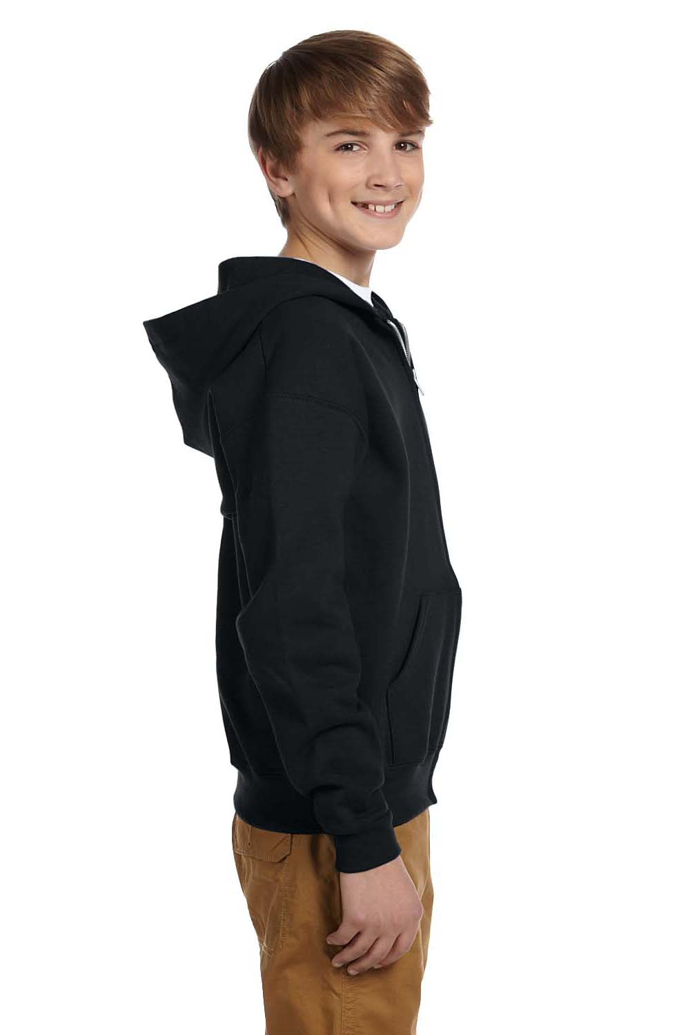 Jerzees 993B/993BR Youth NuBlend Pill Resistant Fleece Full Zip Hooded Sweatshirt Hoodie w/ Pockets Black Model Side