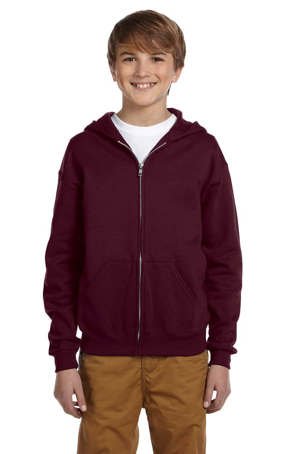 Jerzees 993B/993BR Youth NuBlend Pill Resistant Fleece Full Zip Hooded Sweatshirt Hoodie w/ Pockets Maroon Model Front