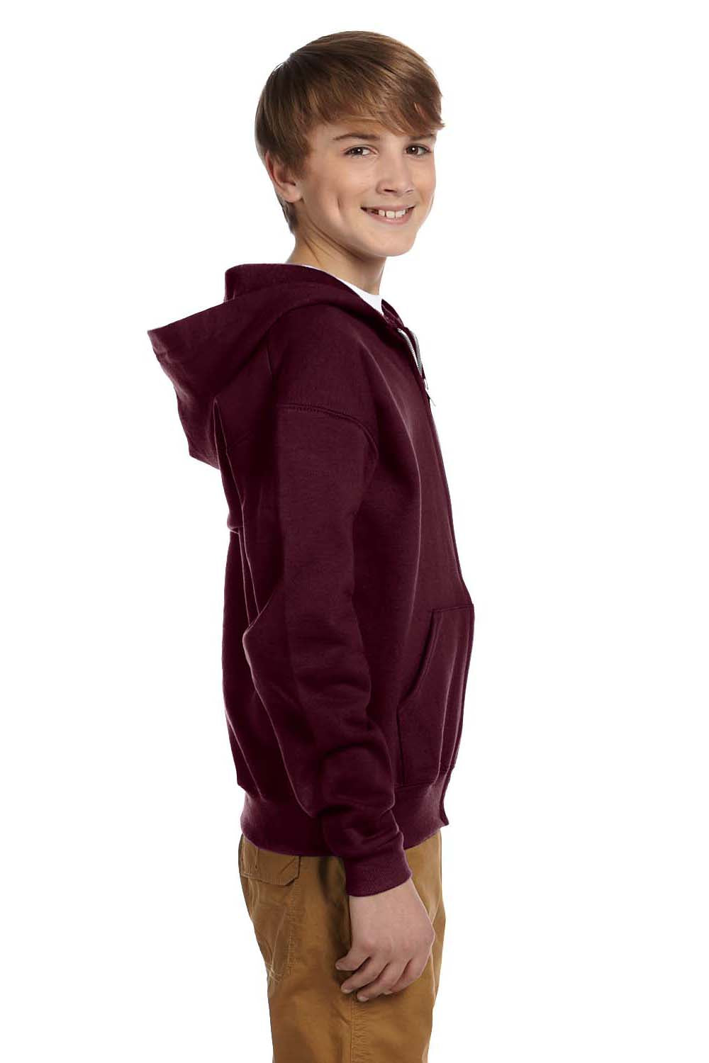 Jerzees 993B/993BR Youth NuBlend Pill Resistant Fleece Full Zip Hooded Sweatshirt Hoodie w/ Pockets Maroon Model Side