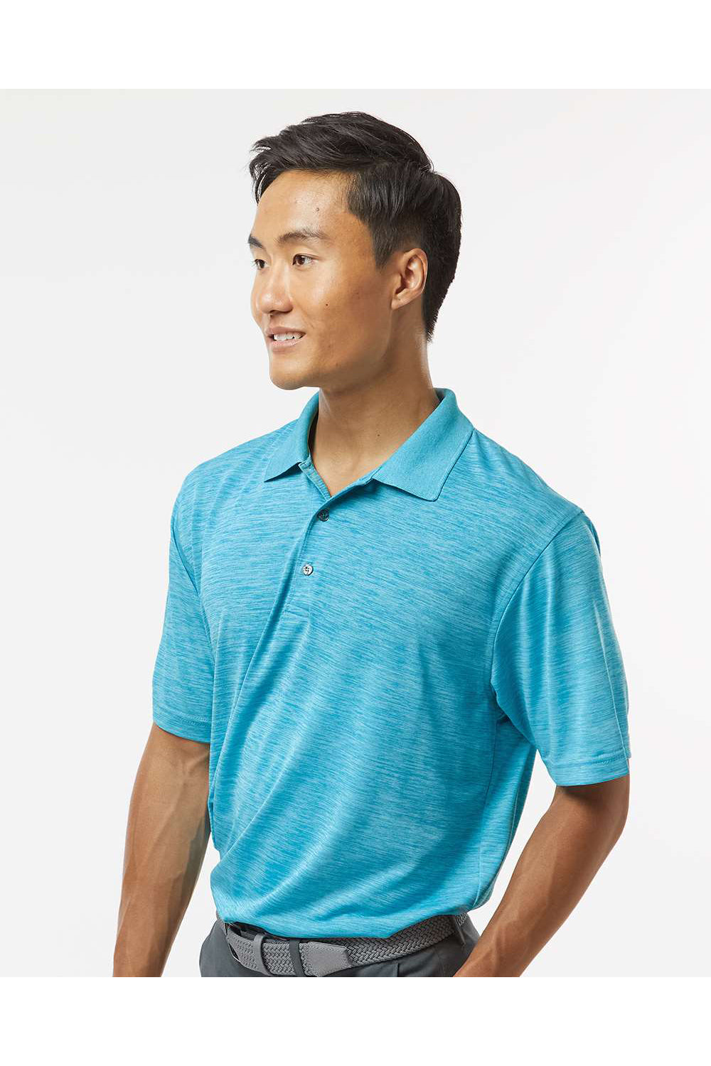 Paragon 130 Mens Dakota Striated Short Sleeve Polo Shirt Heather Turquoise Blue Model Side