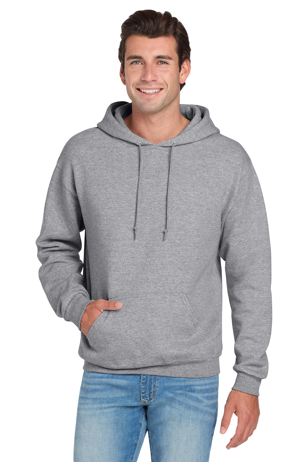 Jerzees 996M/996/996MR Mens NuBlend Pill Resistant Fleece Hooded Sweatshirt Hoodie w/ Pouch Pocket Heather Grey Model Front