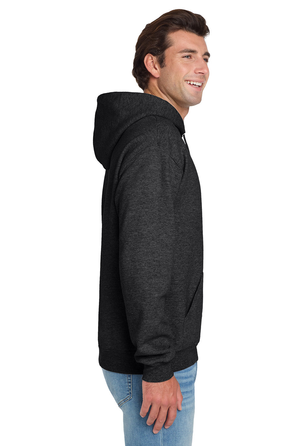 Jerzees 996M/996/996MR Mens NuBlend Pill Resistant Fleece Hooded Sweatshirt Hoodie w/ Pouch Pocket Heather Black Model Side