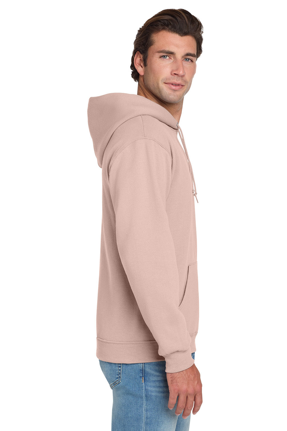 Jerzees 996M/996/996MR Mens NuBlend Pill Resistant Fleece Hooded Sweatshirt Hoodie w/ Pouch Pocket Blush Pink Model Side