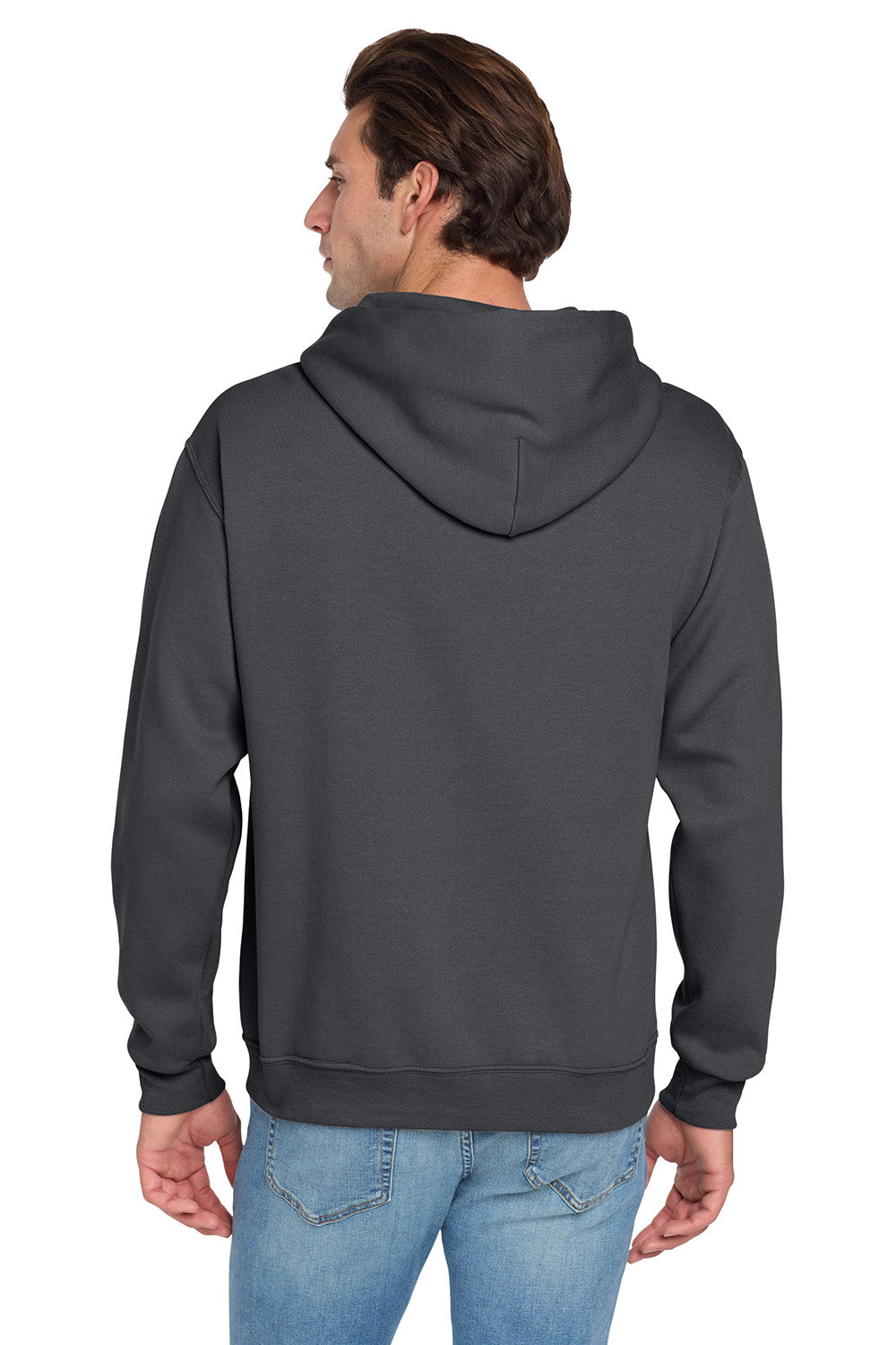 Jerzees 996M/996/996MR Mens NuBlend Pill Resistant Fleece Hooded Sweatshirt Hoodie w/ Pouch Pocket Charcoal Grey Model Back