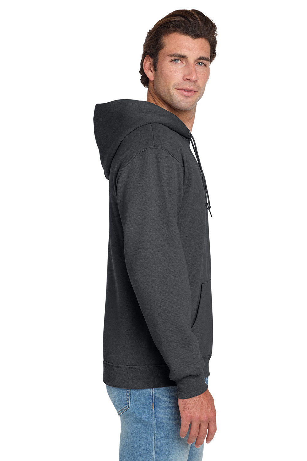 Jerzees 996M/996/996MR Mens NuBlend Pill Resistant Fleece Hooded Sweatshirt Hoodie w/ Pouch Pocket Charcoal Grey Model Side