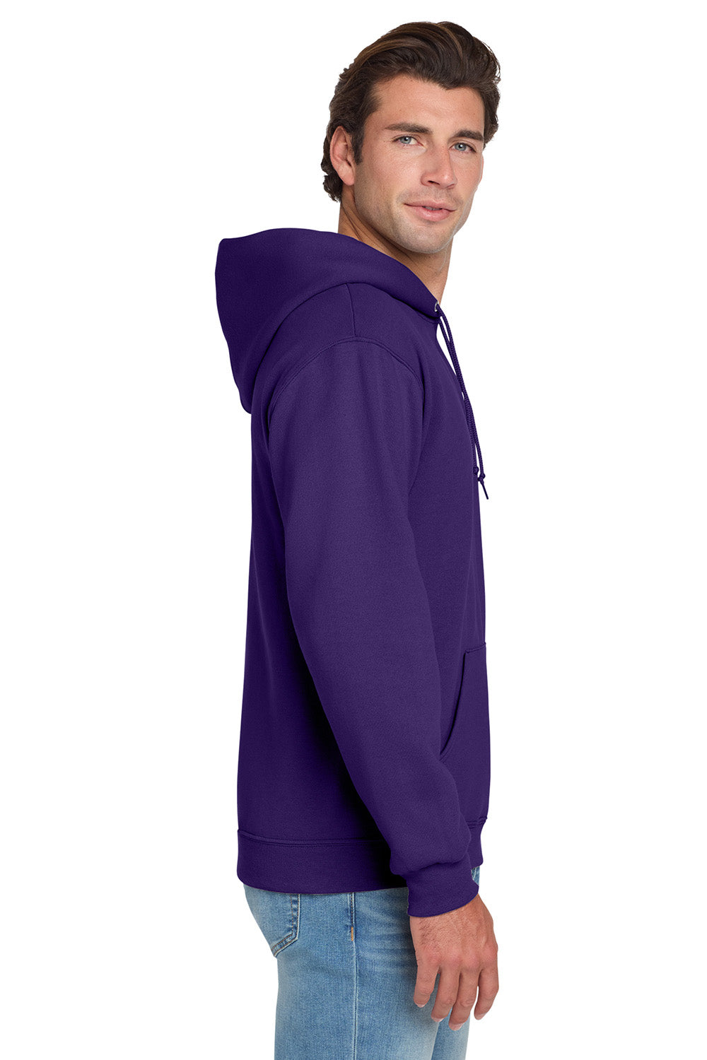 Jerzees 996M/996/996MR Mens NuBlend Pill Resistant Fleece Hooded Sweatshirt Hoodie w/ Pouch Pocket Deep Purple Model Side