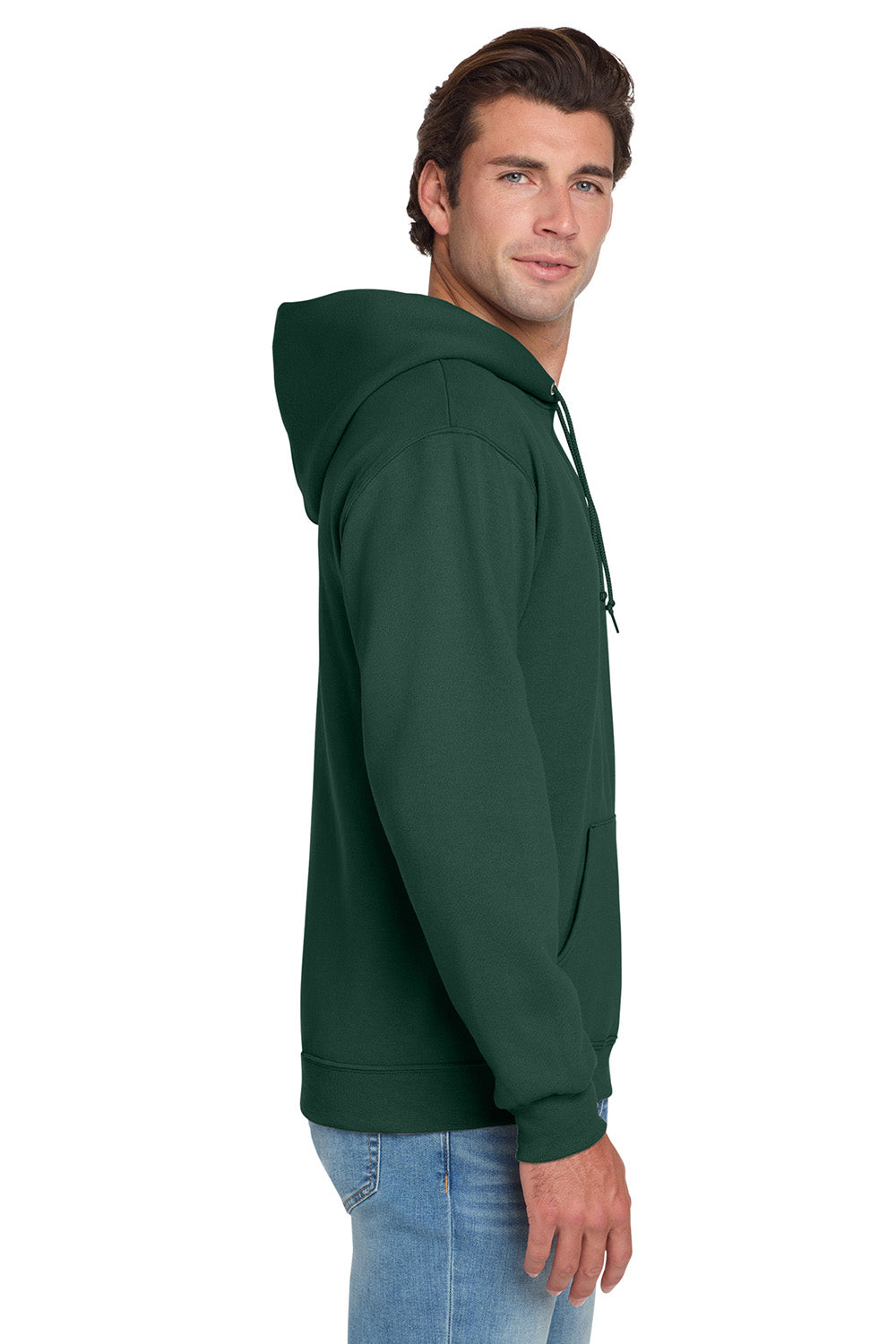 Jerzees 996M/996/996MR Mens NuBlend Pill Resistant Fleece Hooded Sweatshirt Hoodie w/ Pouch Pocket Forest Green Model Side