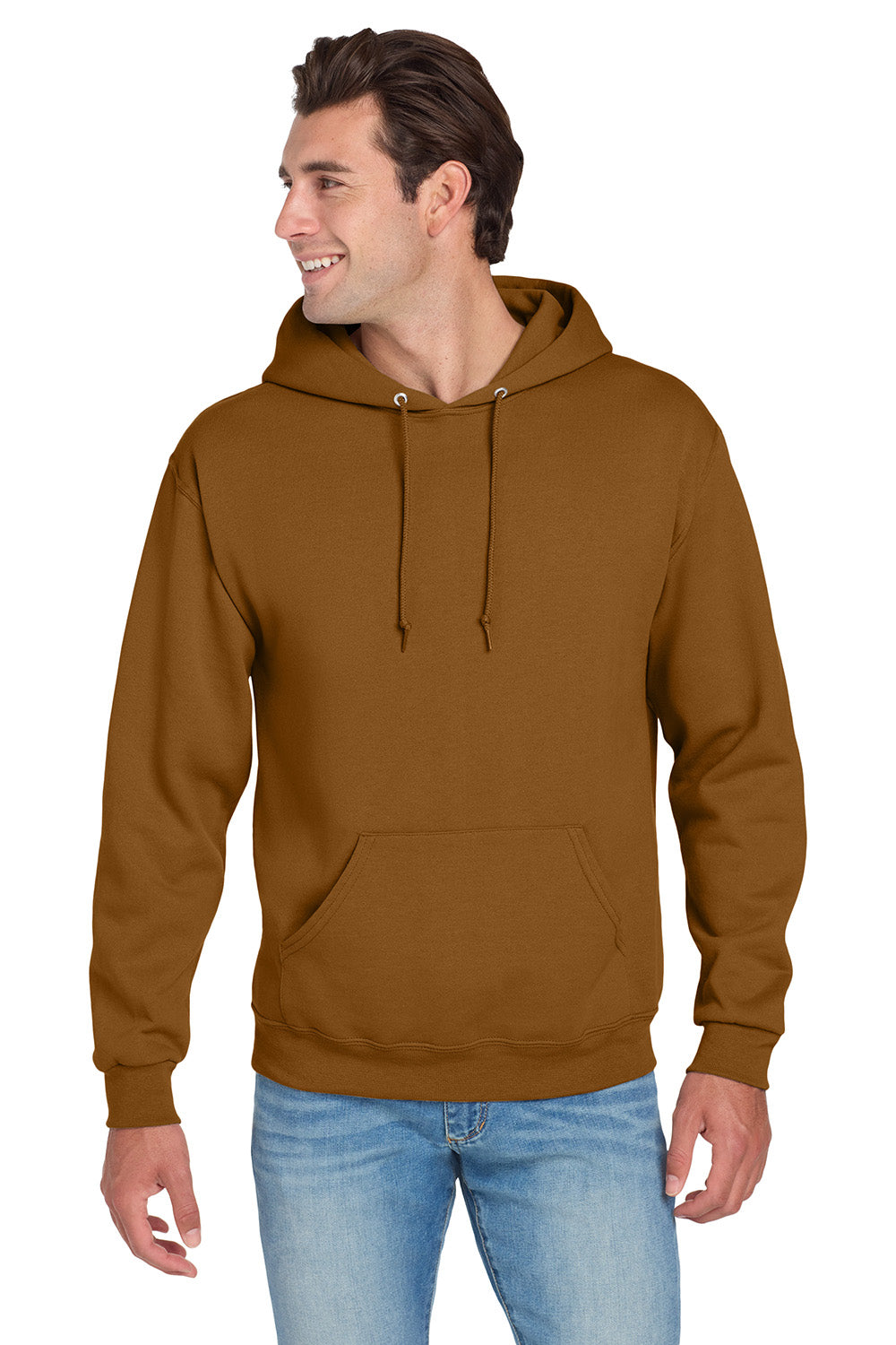 Jerzees 996M/996/996MR Mens NuBlend Pill Resistant Fleece Hooded Sweatshirt Hoodie w/ Pouch Pocket Golden Pecan Brown Model Front