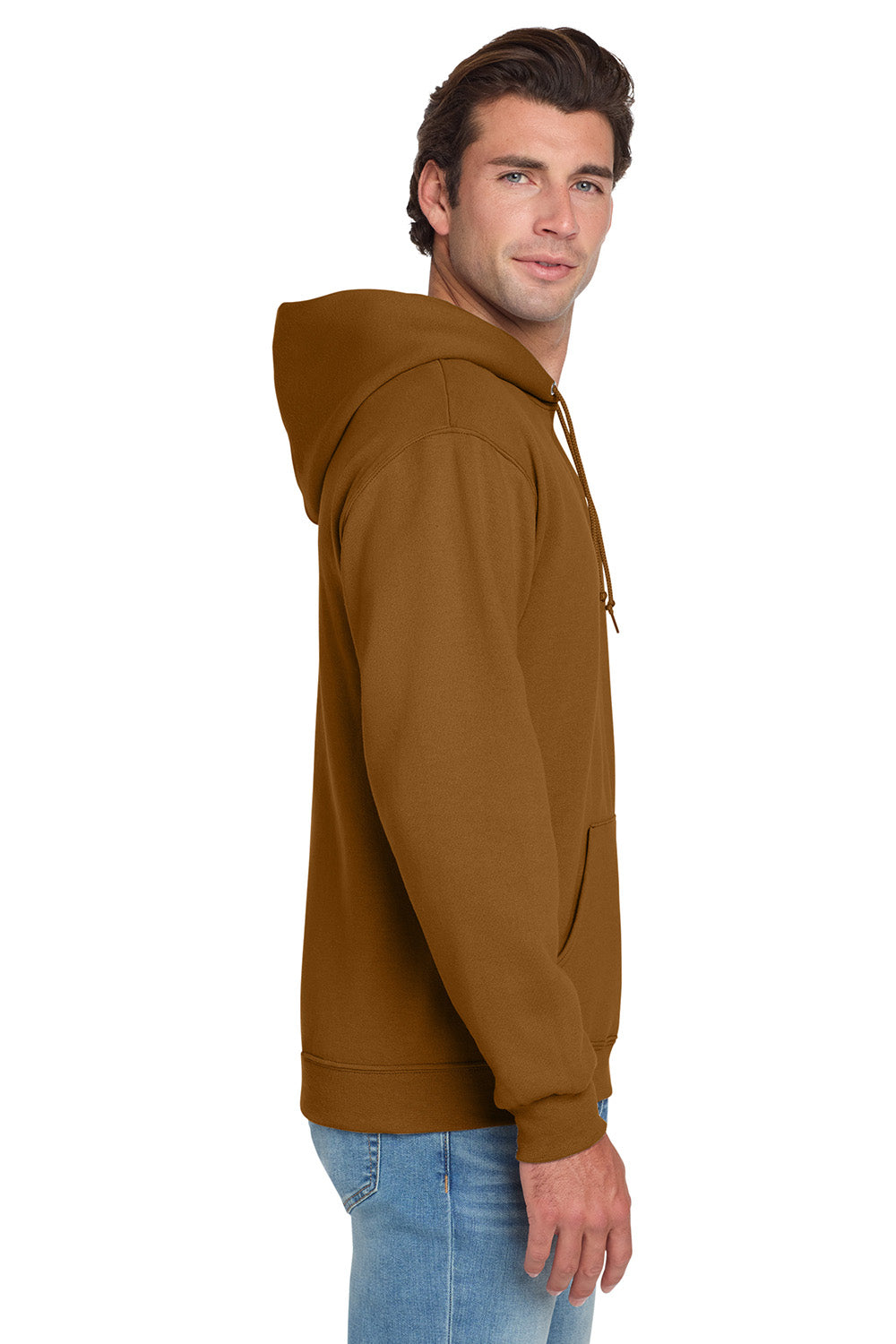 Jerzees 996M/996/996MR Mens NuBlend Pill Resistant Fleece Hooded Sweatshirt Hoodie w/ Pouch Pocket Golden Pecan Brown Model Side