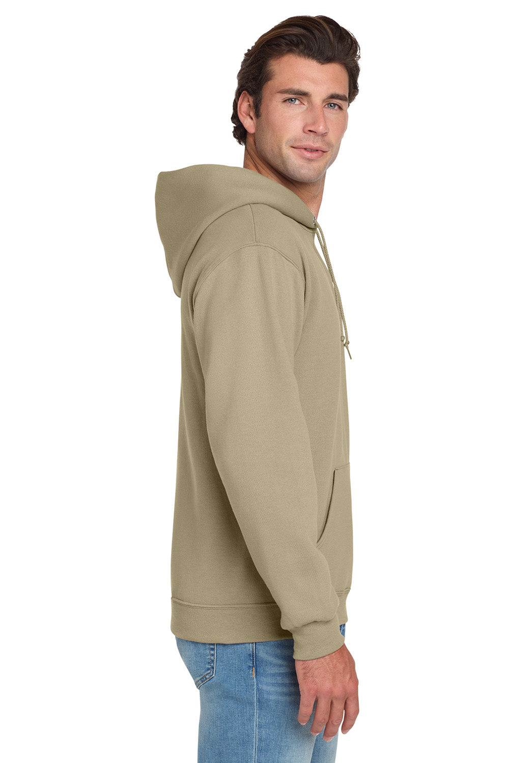 Jerzees 996M/996/996MR Mens NuBlend Pill Resistant Fleece Hooded Sweatshirt Hoodie w/ Pouch Pocket Khaki Model Side