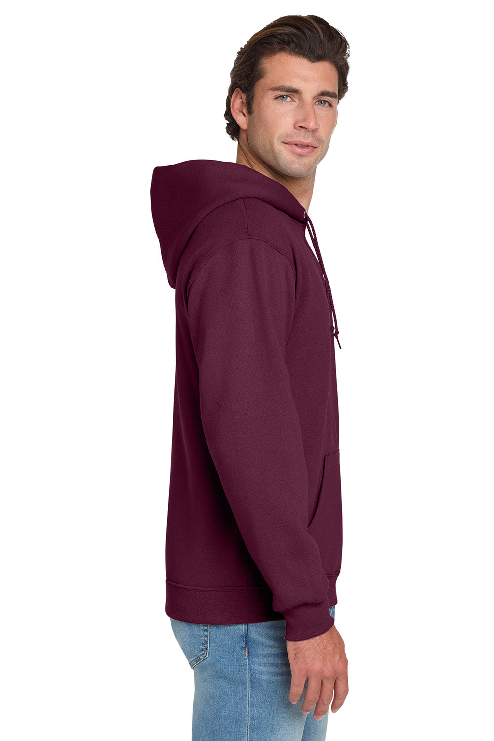 Jerzees 996M/996/996MR Mens NuBlend Pill Resistant Fleece Hooded Sweatshirt Hoodie w/ Pouch Pocket Maroon Model Side