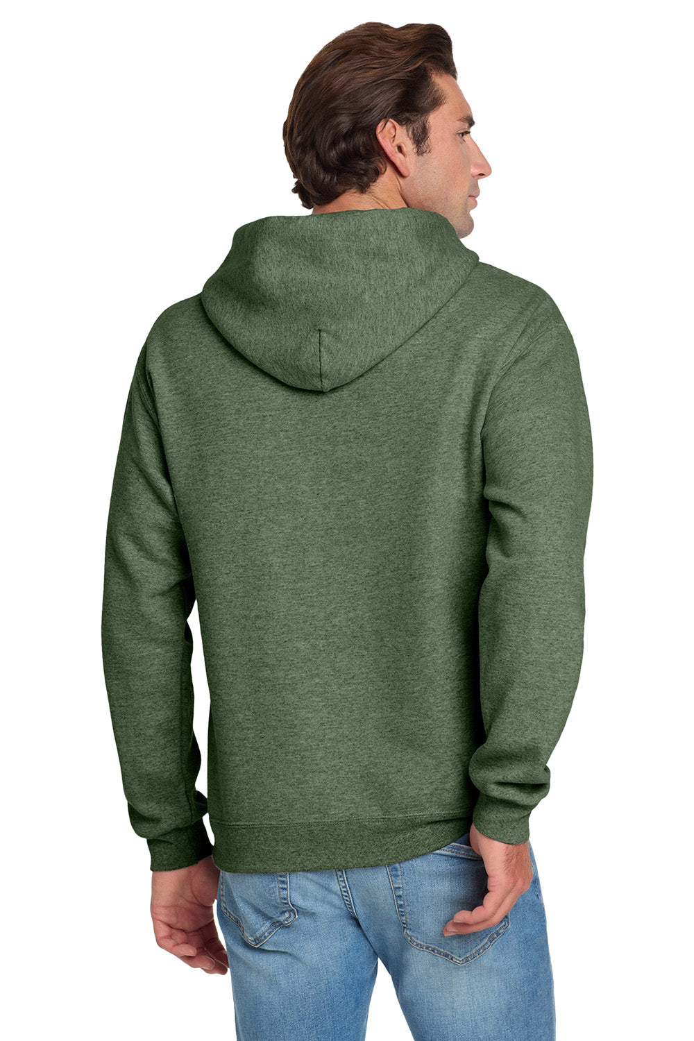 Jerzees 996M/996/996MR Mens NuBlend Pill Resistant Fleece Hooded Sweatshirt Hoodie w/ Pouch Pocket Heather Military Green Model Back