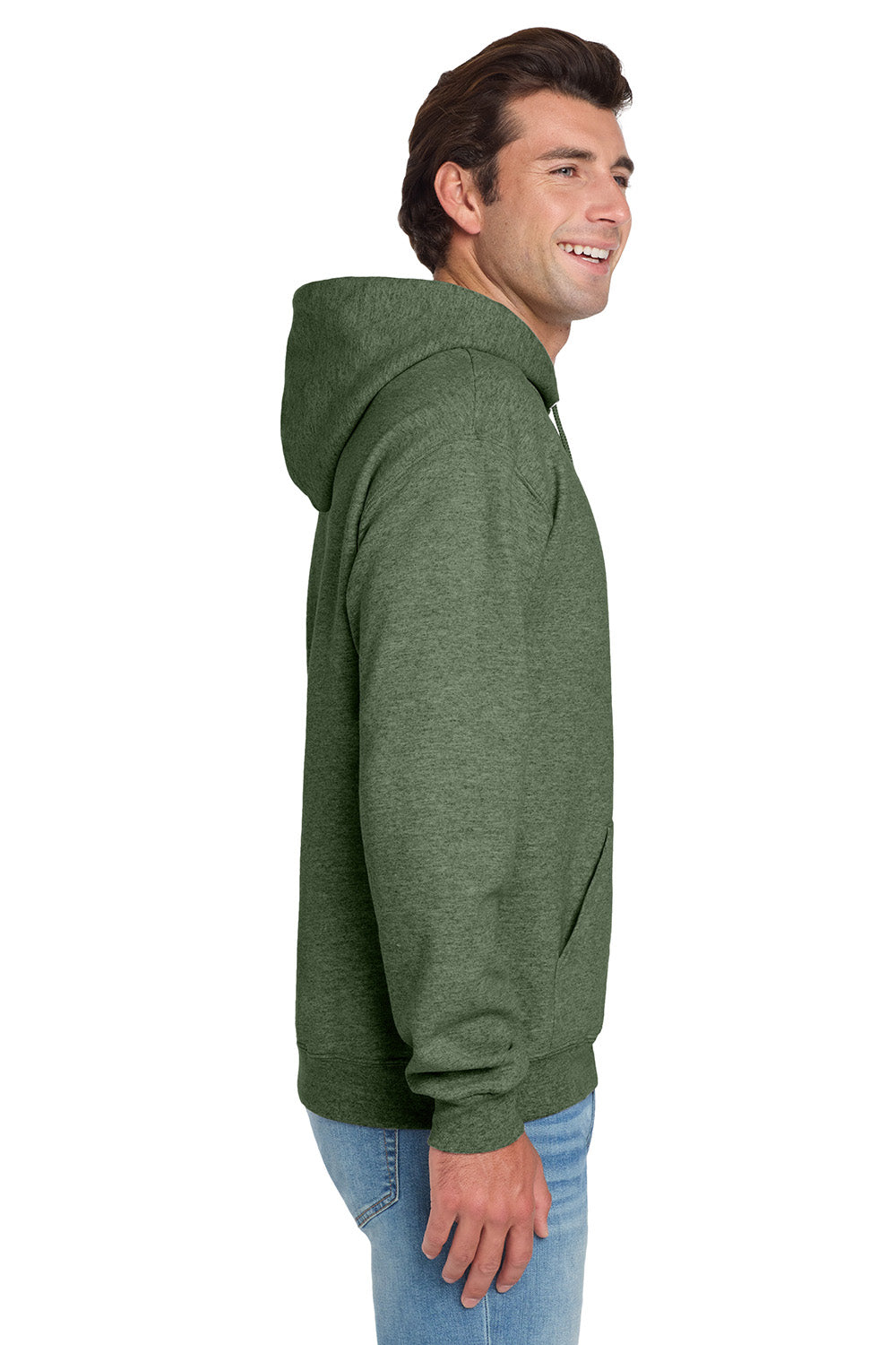 Jerzees 996M/996/996MR Mens NuBlend Pill Resistant Fleece Hooded Sweatshirt Hoodie w/ Pouch Pocket Heather Military Green Model Side