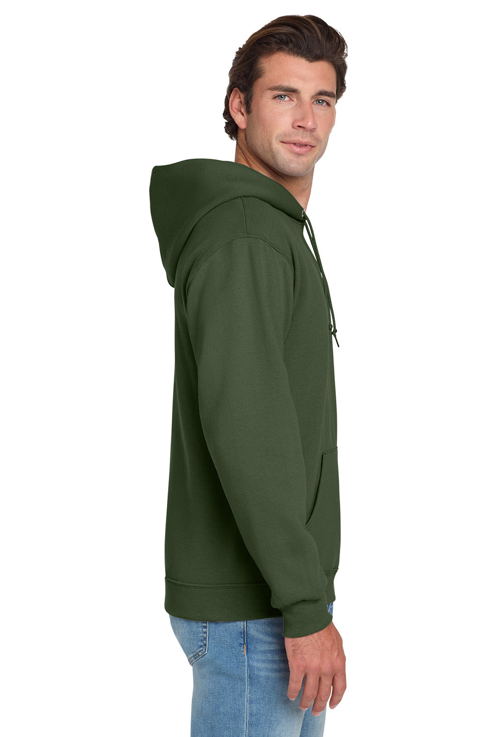 Jerzees 996M/996/996MR Mens NuBlend Pill Resistant Fleece Hooded Sweatshirt Hoodie w/ Pouch Pocket Military Green Model Side