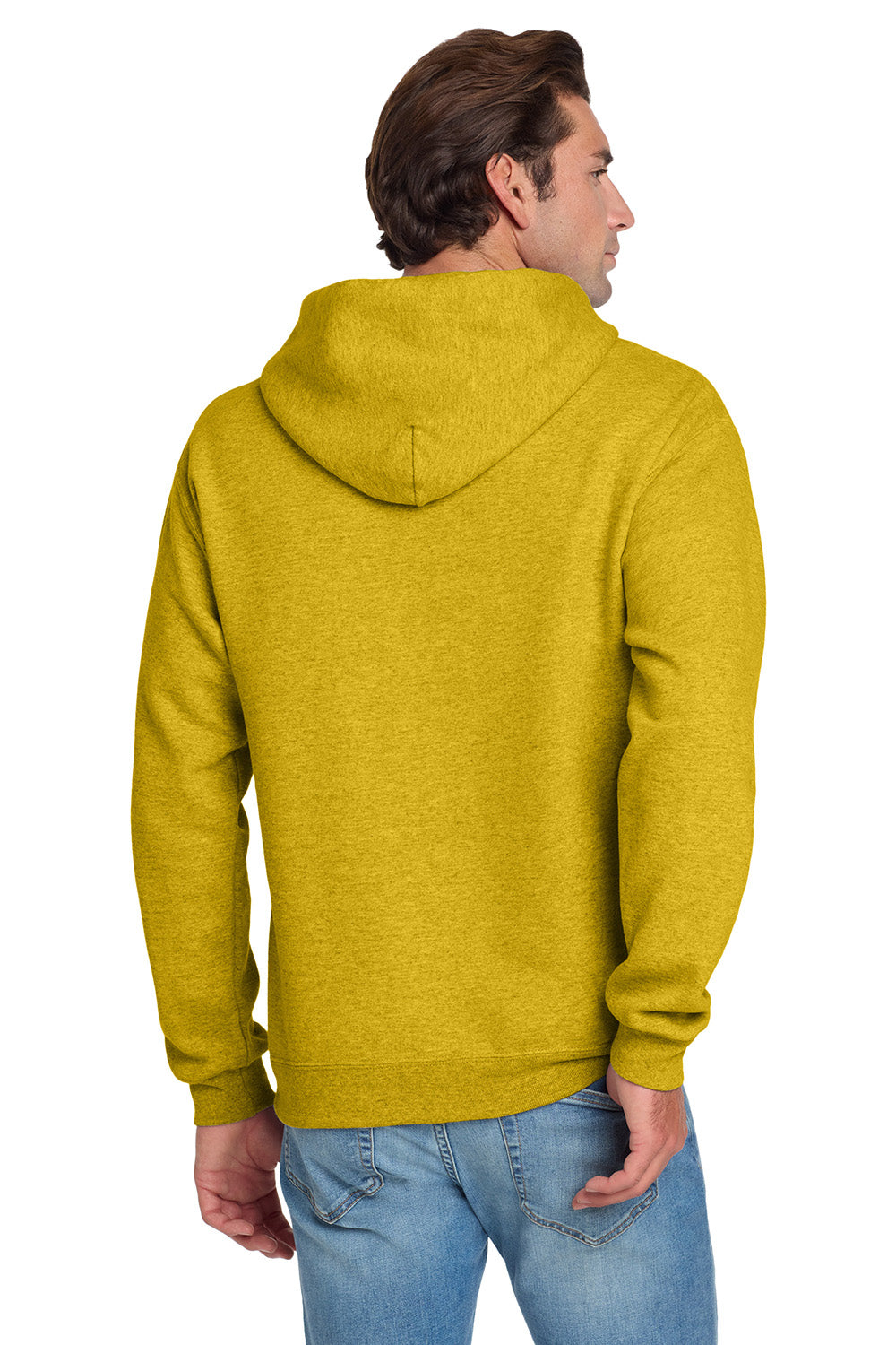 Jerzees 996M/996/996MR Mens NuBlend Pill Resistant Fleece Hooded Sweatshirt Hoodie w/ Pouch Pocket Heather Mustard Yellow Model Back