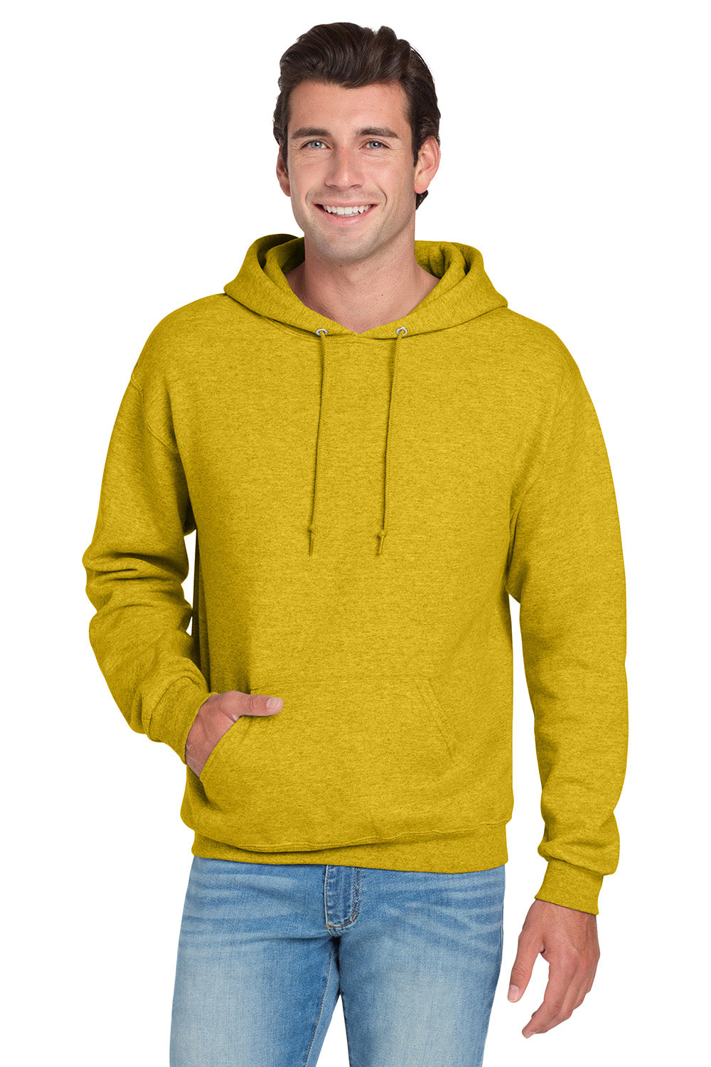 Jerzees 996M/996/996MR Mens NuBlend Pill Resistant Fleece Hooded Sweatshirt Hoodie w/ Pouch Pocket Heather Mustard Yellow Model Front