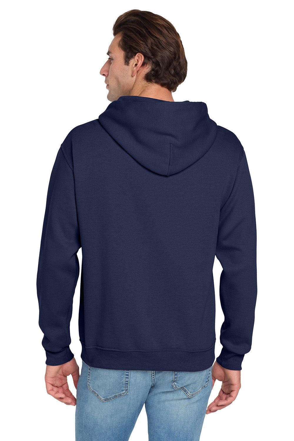 Jerzees 996M/996/996MR Mens NuBlend Pill Resistant Fleece Hooded Sweatshirt Hoodie w/ Pouch Pocket Navy Blue Model Back