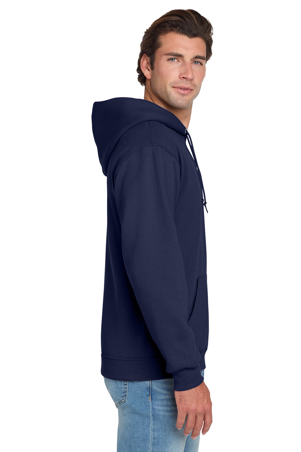 Jerzees 996M/996/996MR Mens NuBlend Pill Resistant Fleece Hooded Sweatshirt Hoodie w/ Pouch Pocket Navy Blue Model Side