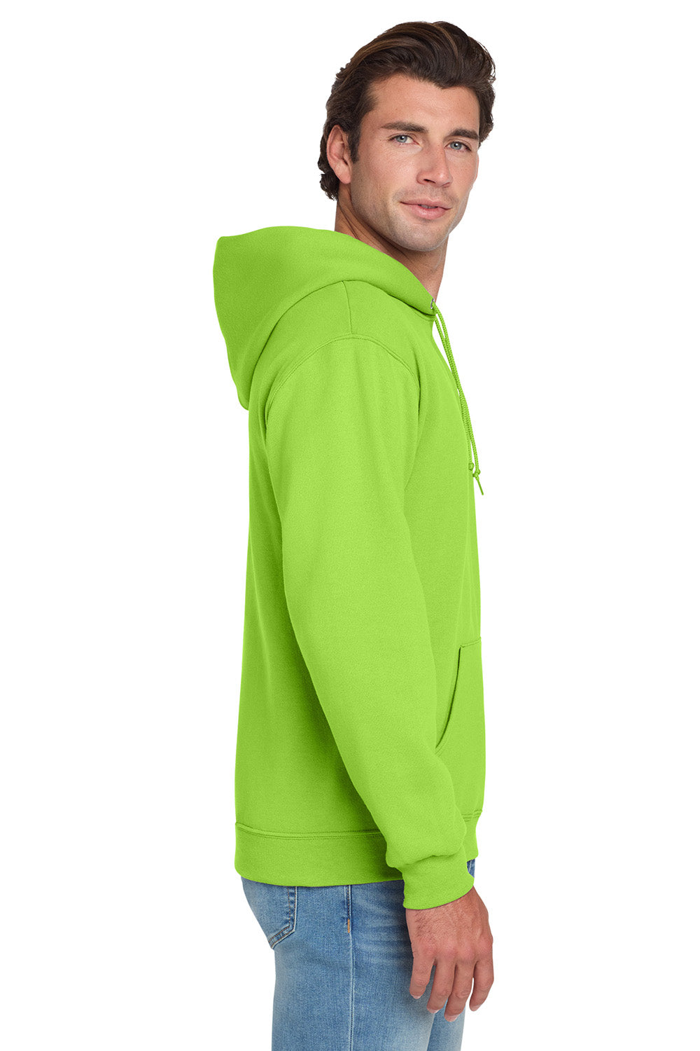 Jerzees 996M/996/996MR Mens NuBlend Pill Resistant Fleece Hooded Sweatshirt Hoodie w/ Pouch Pocket Neon Green Model Side