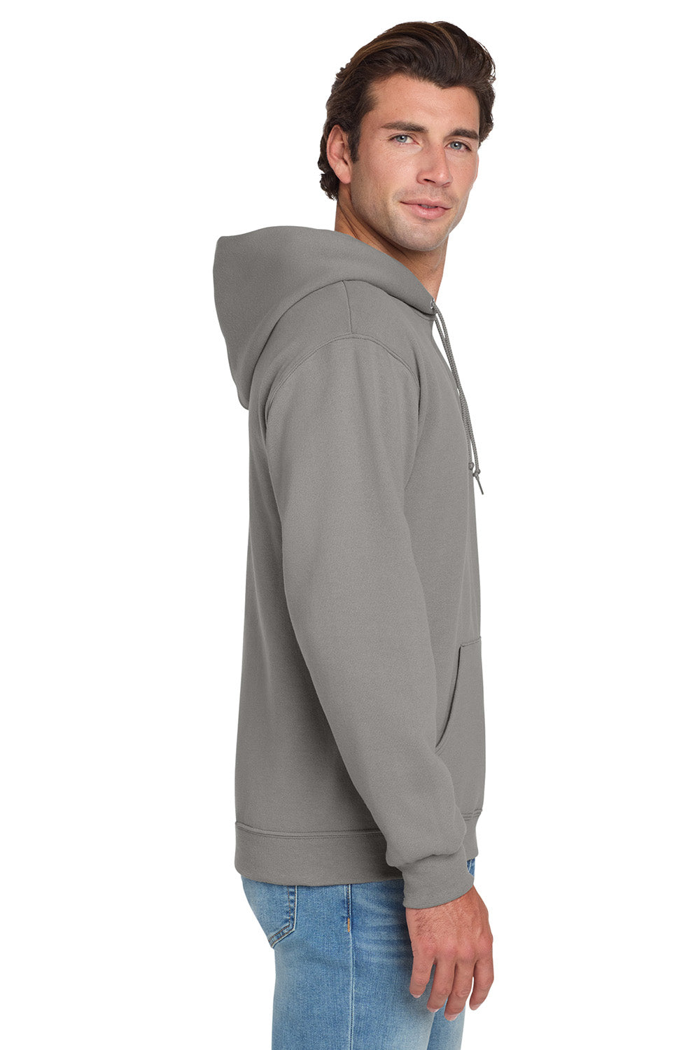 Jerzees 996M/996/996MR Mens NuBlend Pill Resistant Fleece Hooded Sweatshirt Hoodie w/ Pouch Pocket Rock Grey Model Side