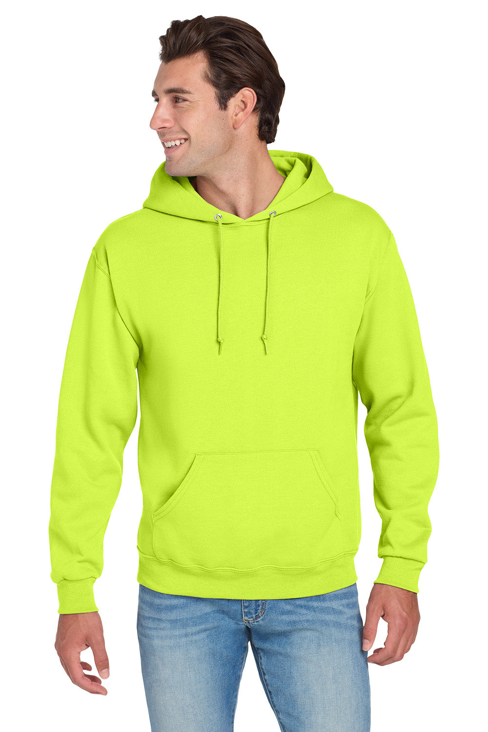 Jerzees 996M/996/996MR Mens NuBlend Pill Resistant Fleece Hooded Sweatshirt Hoodie w/ Pouch Pocket Safety Green Model Front