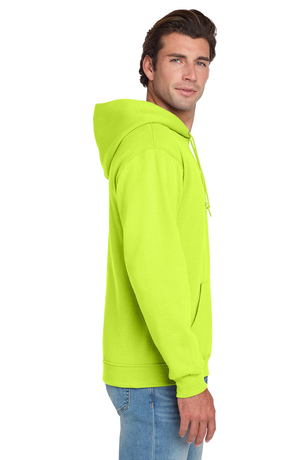 Jerzees 996M/996/996MR Mens NuBlend Pill Resistant Fleece Hooded Sweatshirt Hoodie w/ Pouch Pocket Safety Green Model Side