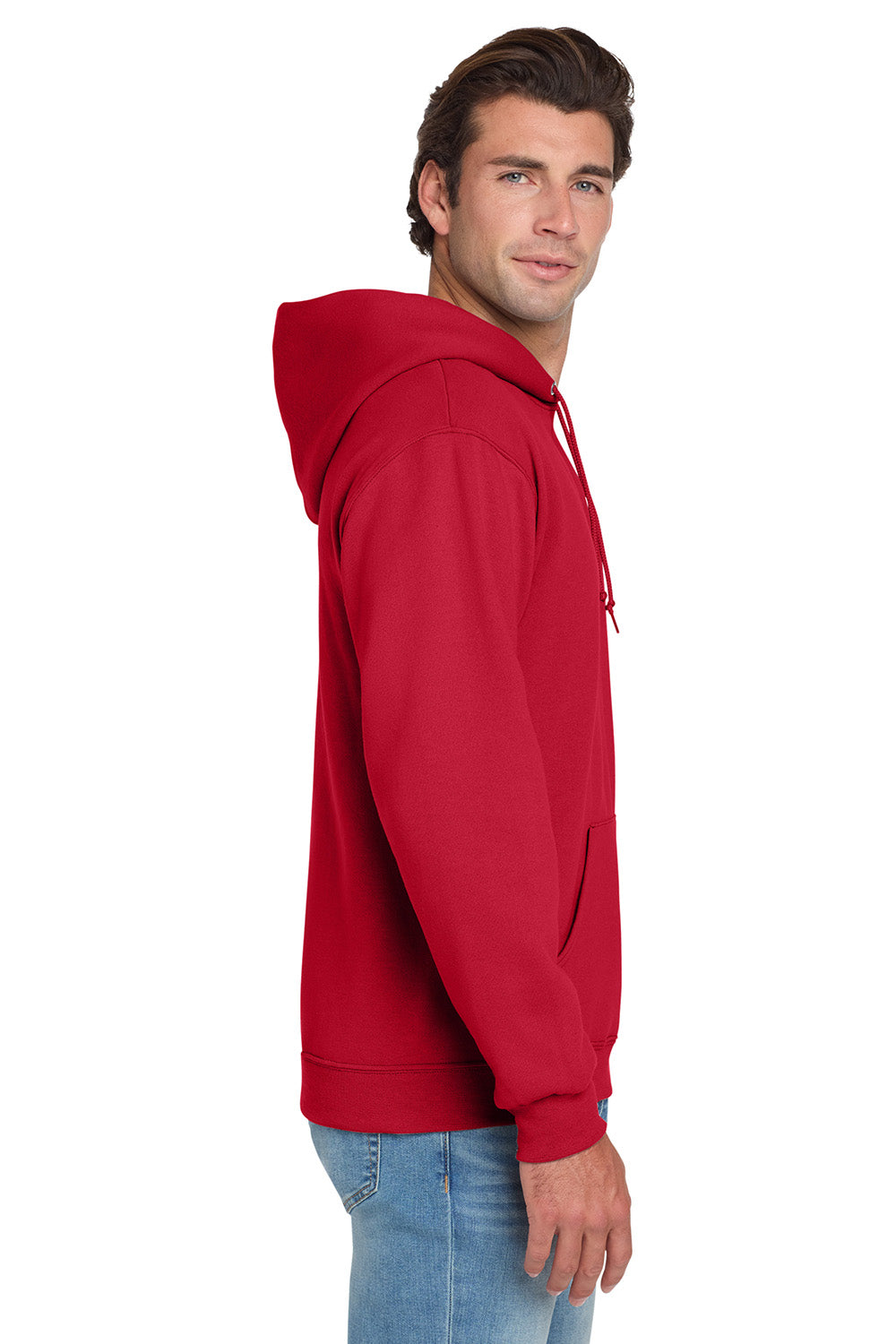 Jerzees 996M/996/996MR Mens NuBlend Pill Resistant Fleece Hooded Sweatshirt Hoodie w/ Pouch Pocket True Red Model Side