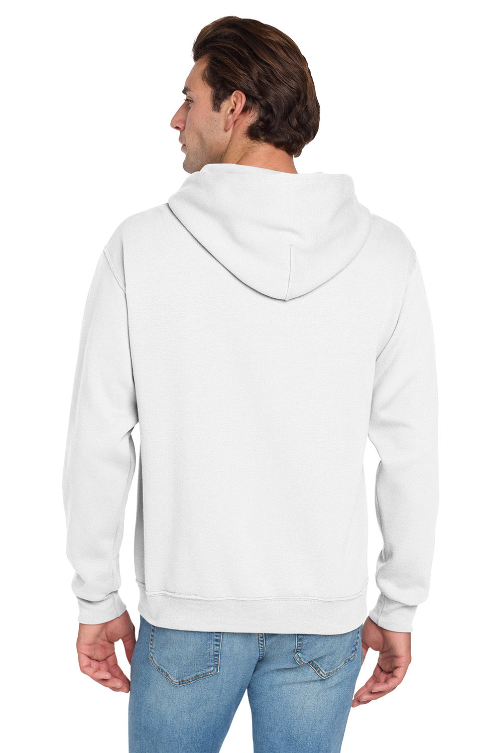 Jerzees 996M/996/996MR Mens NuBlend Pill Resistant Fleece Hooded Sweatshirt Hoodie w/ Pouch Pocket White Model Back