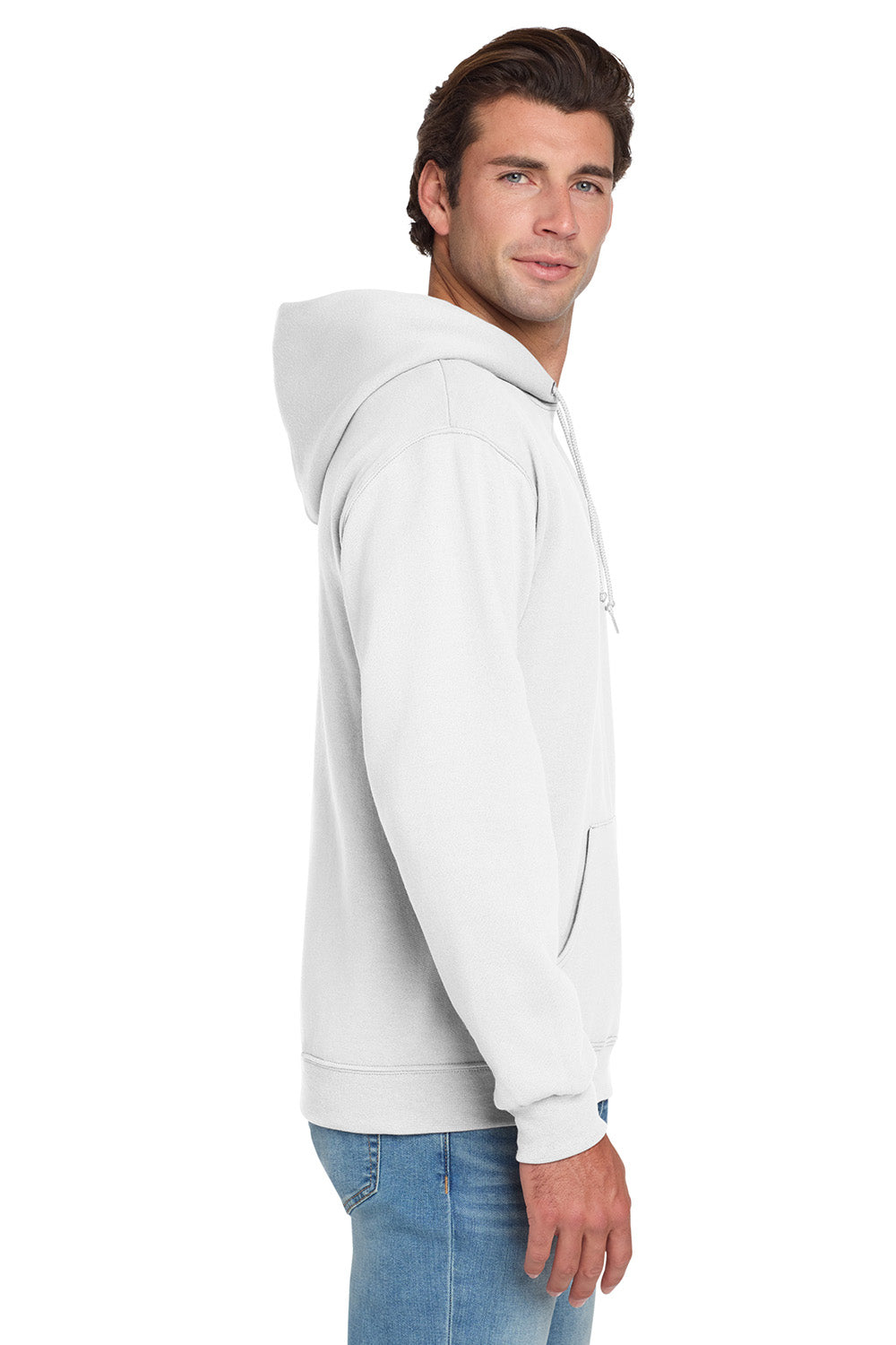 Jerzees 996M/996/996MR Mens NuBlend Pill Resistant Fleece Hooded Sweatshirt Hoodie w/ Pouch Pocket White Model Side