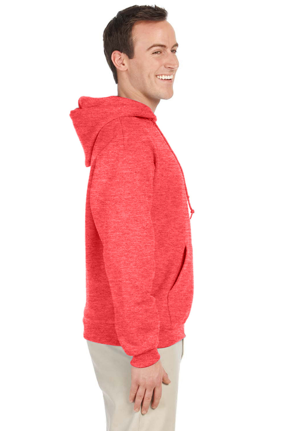 Jerzees 996M/996/996MR Mens NuBlend Pill Resistant Fleece Hooded Sweatshirt Hoodie w/ Pouch Pocket Heather Retro Coral Model Side