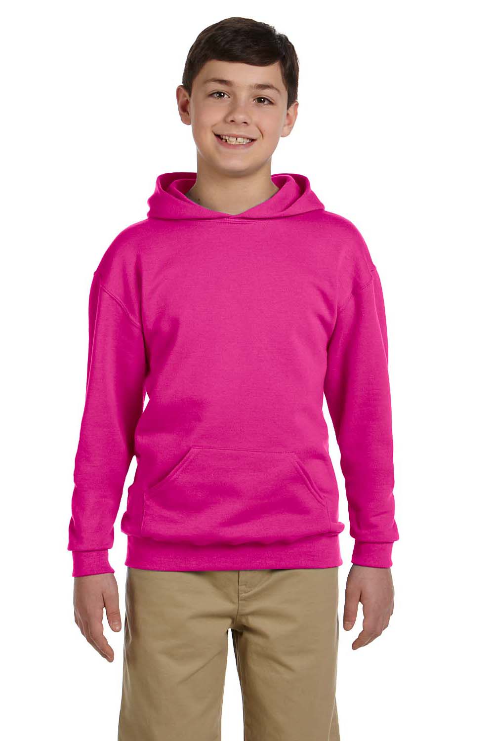 Jerzees 996Y/996YR Youth NuBlend Pill Resistant Fleece Hooded Sweatshirt Hoodie w/ Pouch Pocket Cyber Pink Model Front