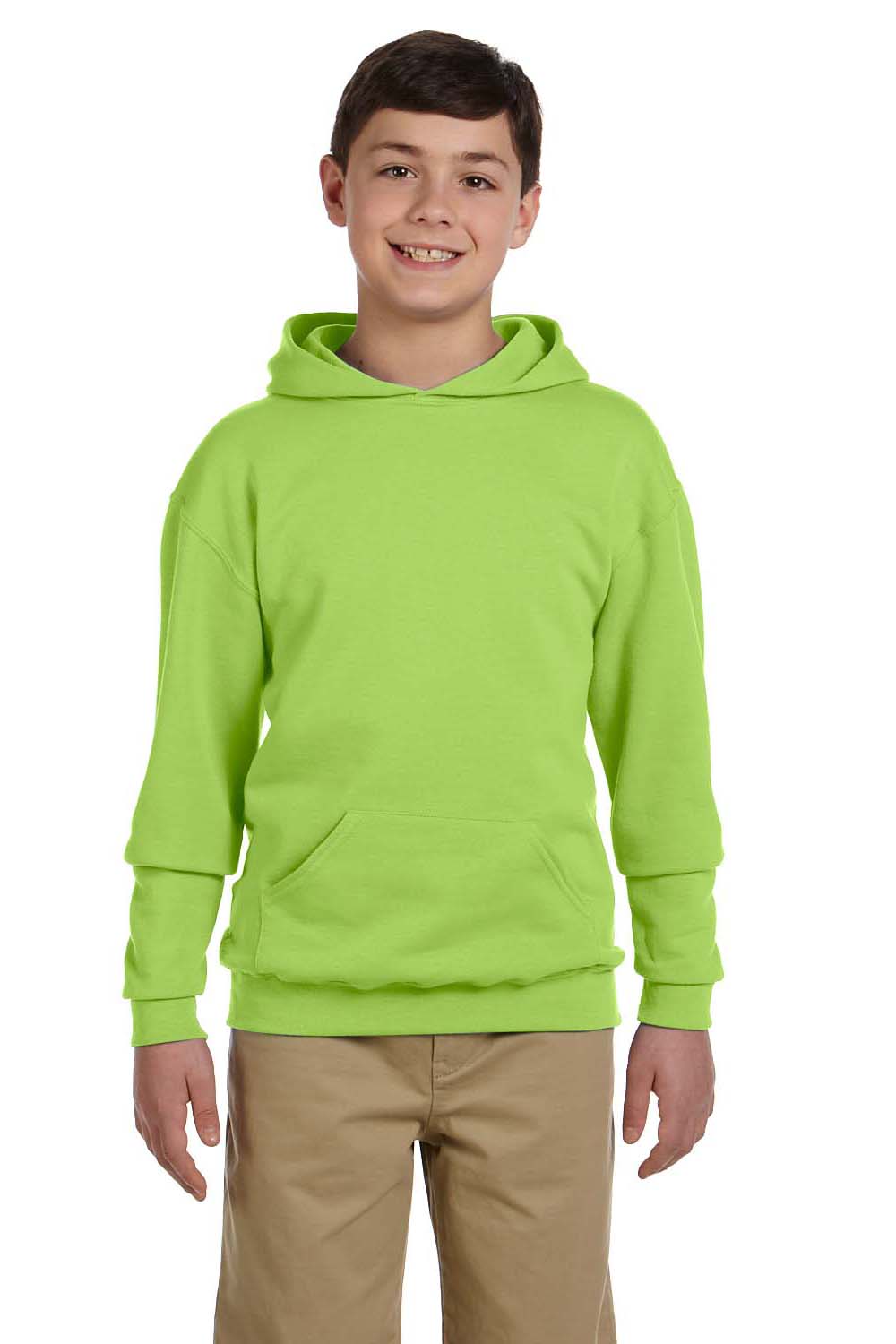 Jerzees 996Y/996YR Youth NuBlend Pill Resistant Fleece Hooded Sweatshirt Hoodie w/ Pouch Pocket Neon Green Model Front