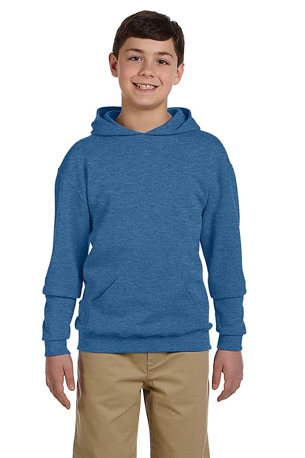 Jerzees 996Y/996YR Youth NuBlend Pill Resistant Fleece Hooded Sweatshirt Hoodie w/ Pouch Pocket Vintage Heather Blue Model Front