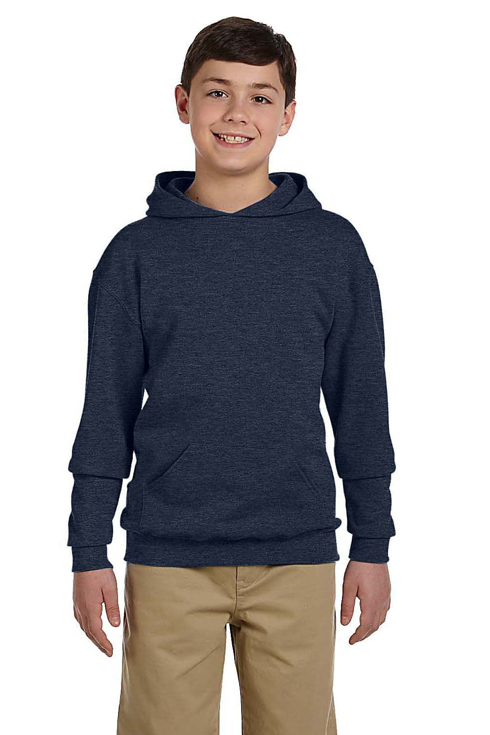 Jerzees 996Y/996YR Youth NuBlend Pill Resistant Fleece Hooded Sweatshirt Hoodie w/ Pouch Pocket Vintage Heather Navy Blue Model Front