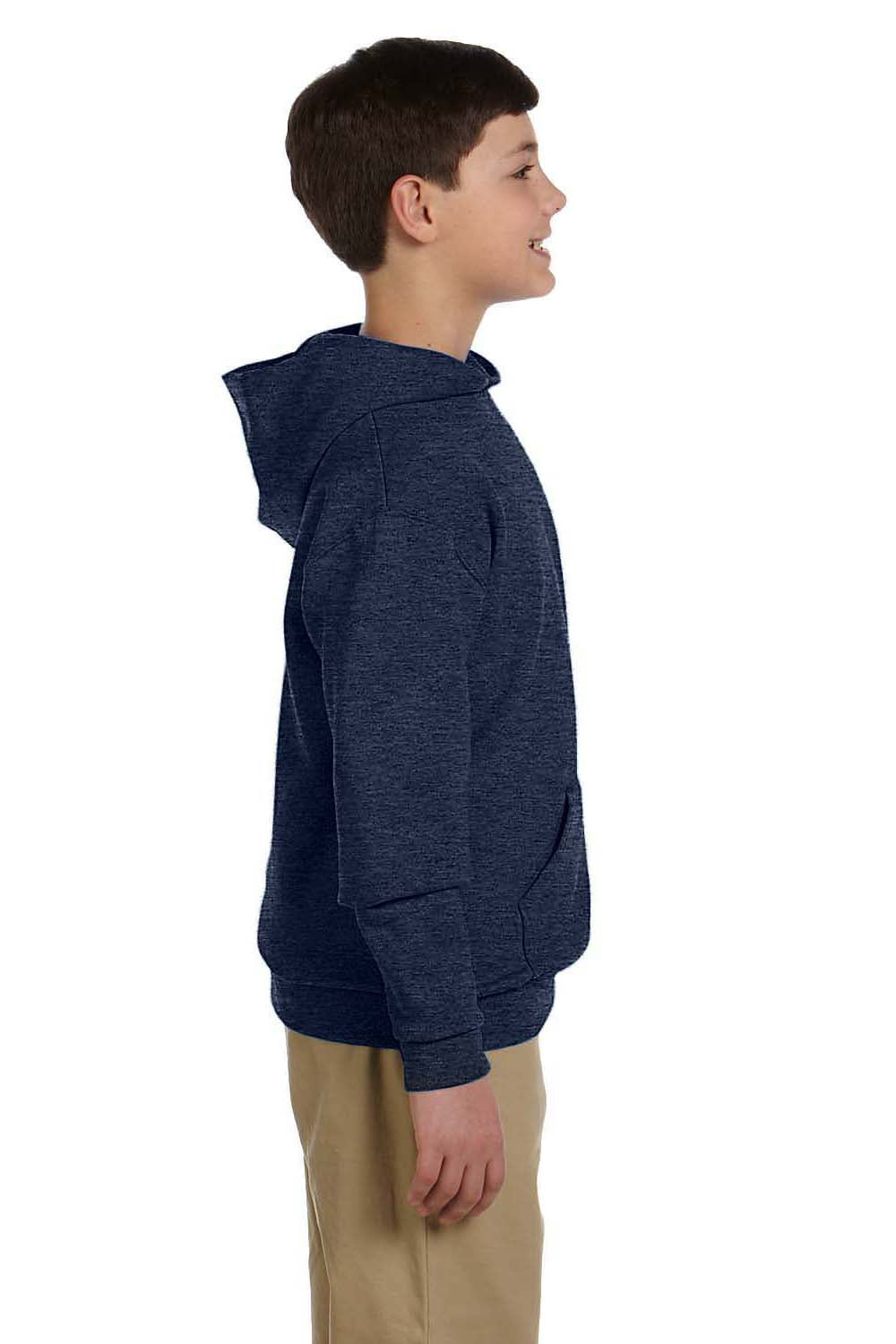 Jerzees 996Y/996YR Youth NuBlend Pill Resistant Fleece Hooded Sweatshirt Hoodie w/ Pouch Pocket Vintage Heather Navy Blue Model Side