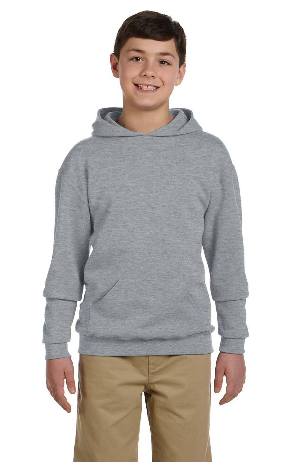 Jerzees 996Y/996YR Youth NuBlend Pill Resistant Fleece Hooded Sweatshirt Hoodie w/ Pouch Pocket Heather Grey Model Front