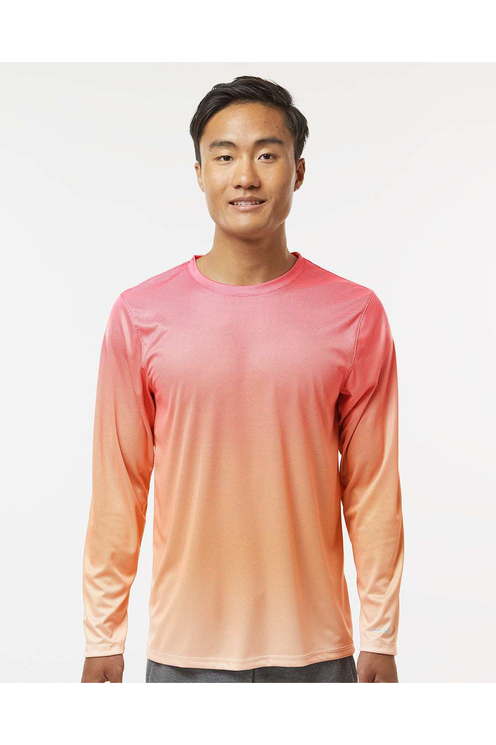 Paragon 225 Mens Barbados Performance Pin Dot Long Sleeve Crewneck T-Shirt Red/Light Orange Model Front